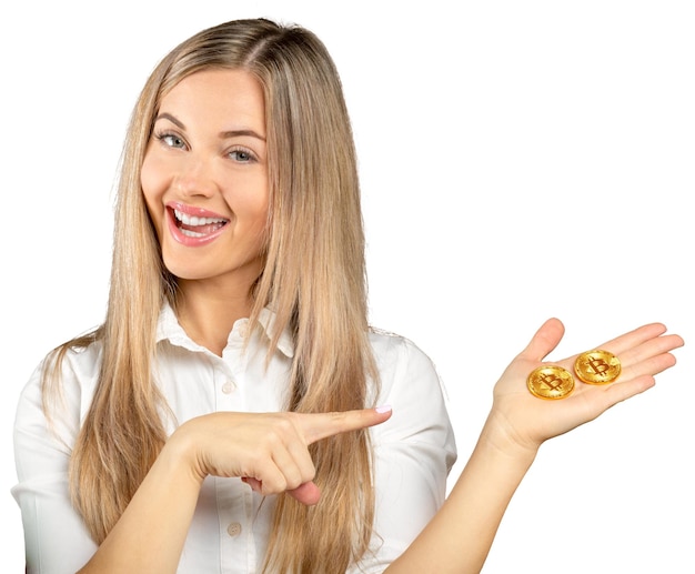 黄金のビットコイン仮想通貨を保持している女性
