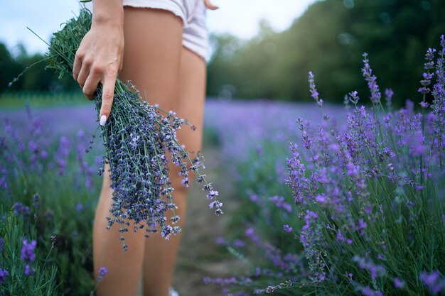 ラベンダーの花束を持っている女性