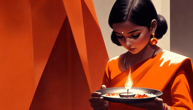 Free Photo woman holding a lit lamp in a traditional ceremony
