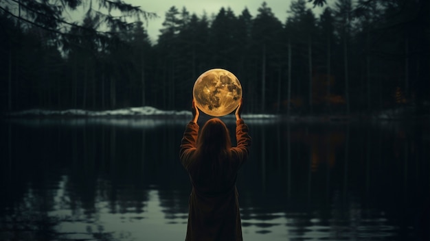 Foto gratuita donna che tiene in mano la luna fotorealista