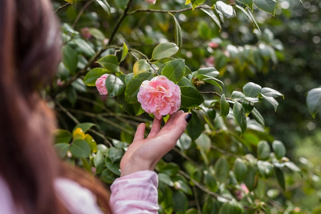 Woman holding pink flower growing on green twig