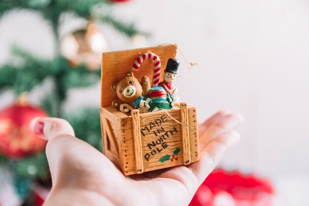 Woman holding plastic box with toys 