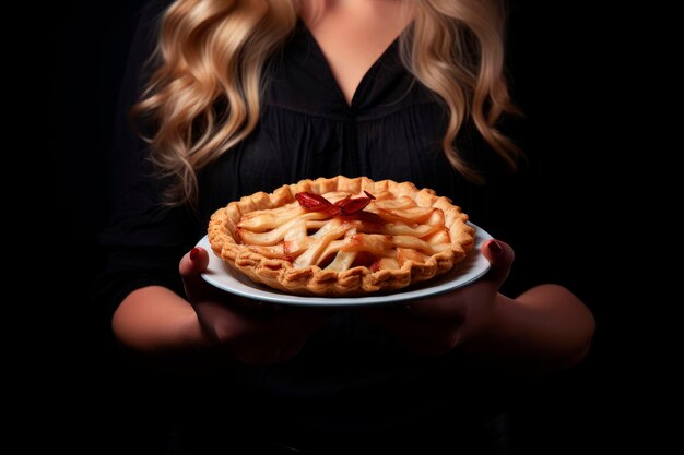 Free photo woman holding plate with delicious apple pie on black background