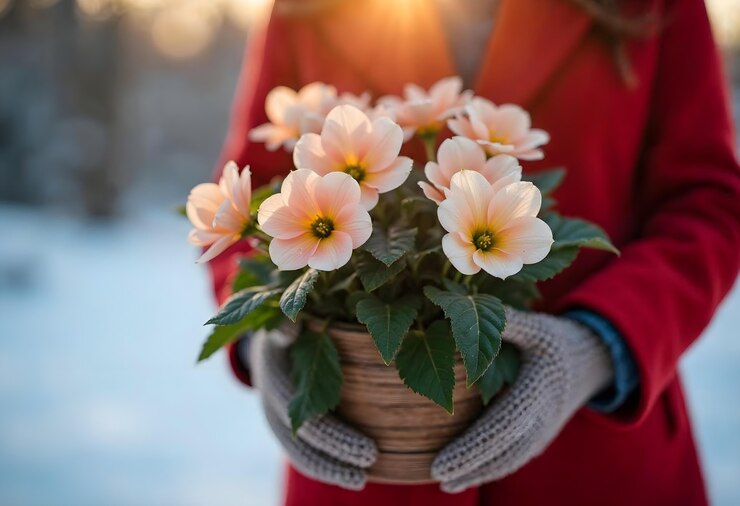 Free Photo woman holding a pot of primroses