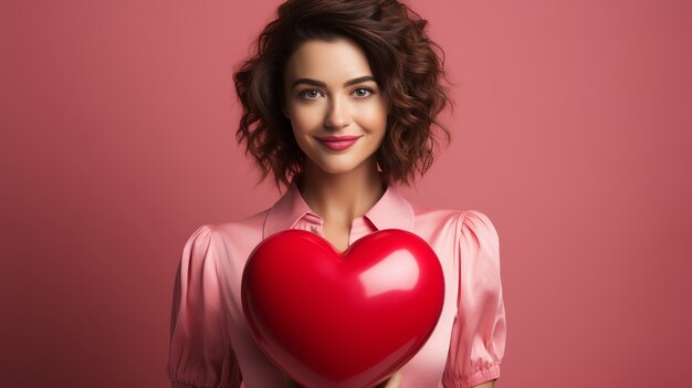 Woman holding red heart balloon