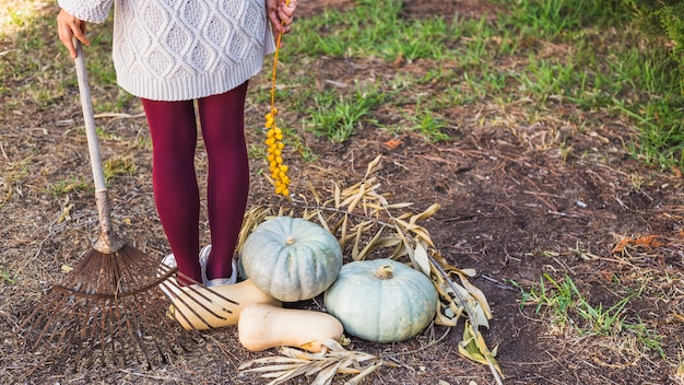 Woman holding sandthorn berries and rake near vegetables 