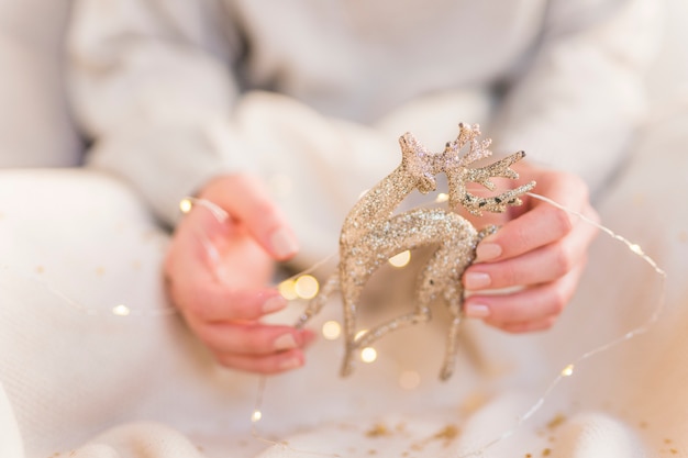 Woman holding small deer in hands