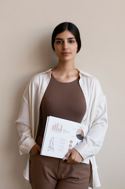 Free photo woman holding statistics front view