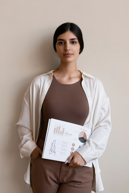 Woman holding statistics front view