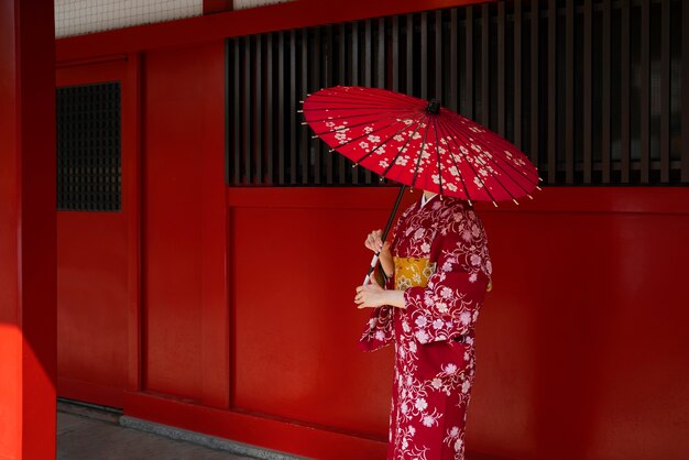 Woman holding wagasa umbrella side view