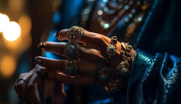 Free photo a woman holds her hand with gold jewelry and the words 