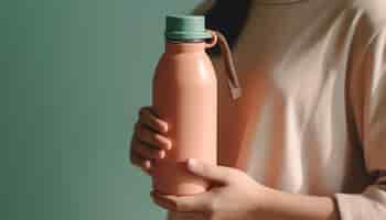 Free photo a woman holds a pink bottle of water.