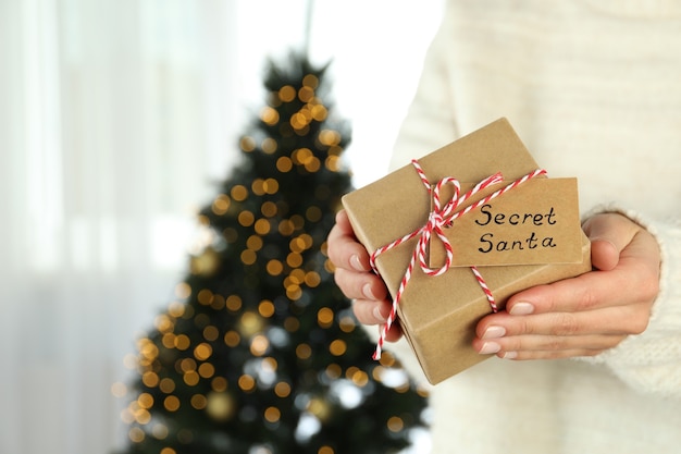 Woman holds secret santa gift box, space for text.