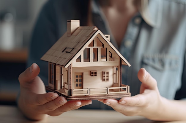 A woman holds a wooden house in her hands.