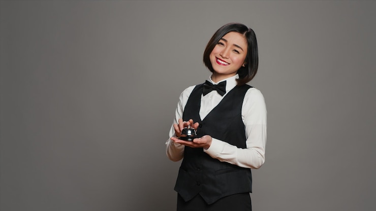 Free Photo woman hotel employee ringing front desk service bell in studio