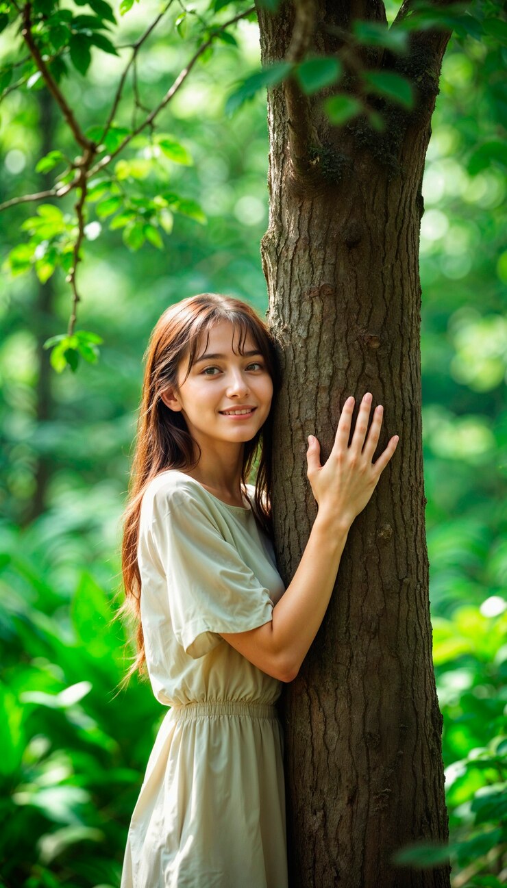 무료 Photo 숲 속 의 나무 를 안고 있는 여자