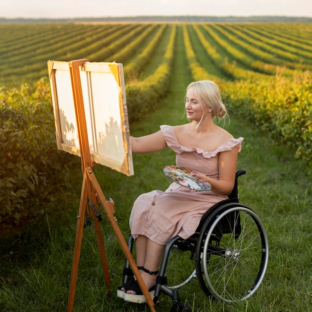 Бесплатное фото Женщина в инвалидной коляске, живопись на открытом воздухе