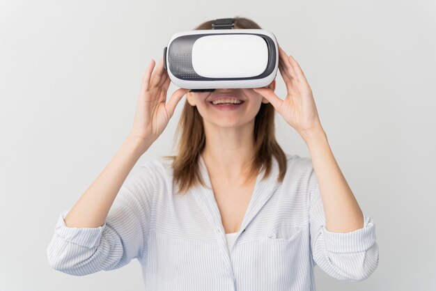 Woman innovating energy in virtual reality style