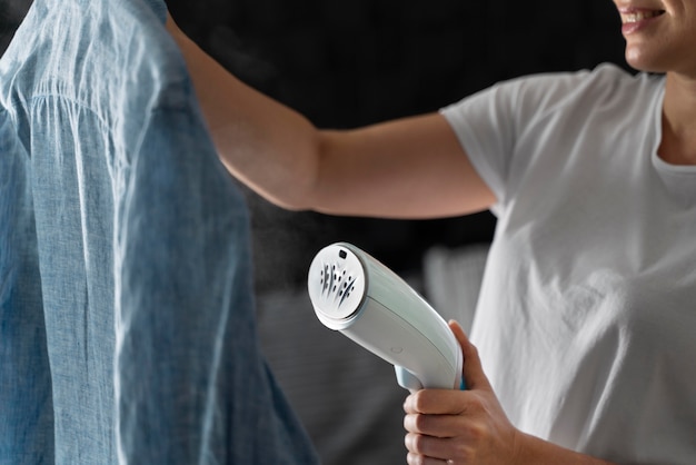 Woman ironing her husband's shirt