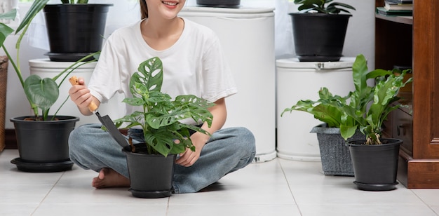 The woman is sitting and planting trees in the house.