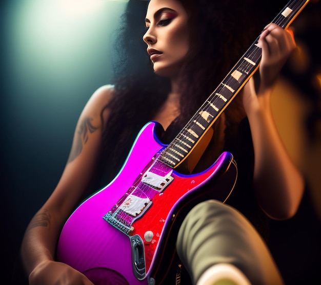 Free photo a woman is sitting with a guitar that has the word music on it.