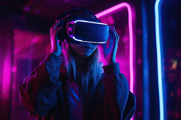 La donna utilizza la cuffia per la realtà virtuale ritratto in studio con luce al neon concetto di tecnologia di realtà virtuale ai generativa