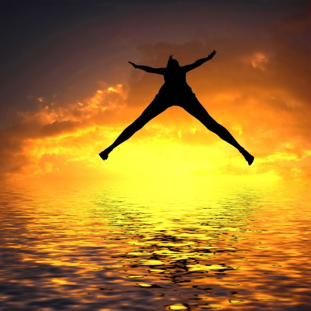 Woman jumping in the beach at night