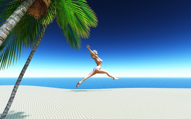 Foto gratuita femminile 3d in un salto di gioia bikini su una spiaggia tropicale di sabbia