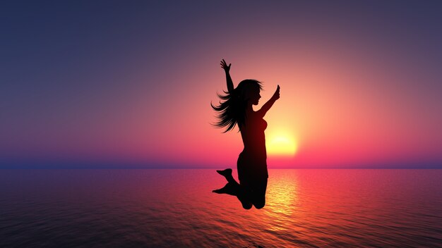 3Dは夕焼け空と海に対する喜びのためにジャンプ女性像のレンダリング