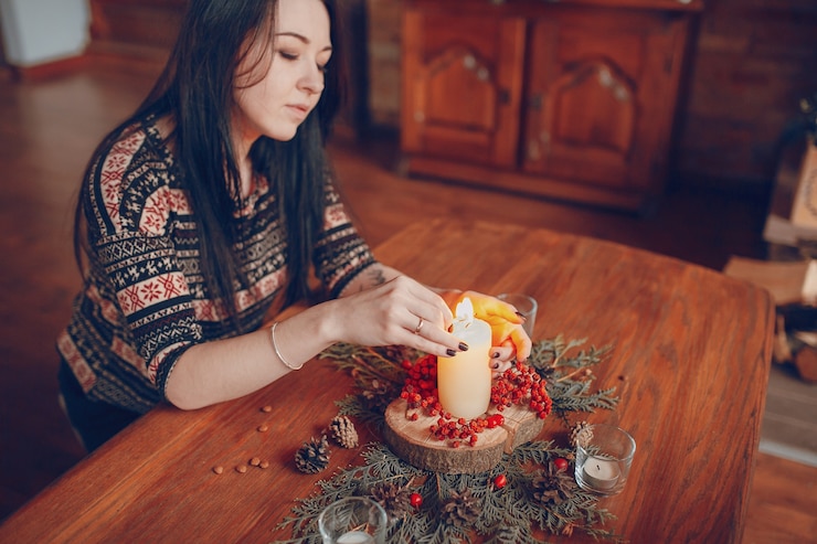Free Photo woman lighting a candle on a wooden table