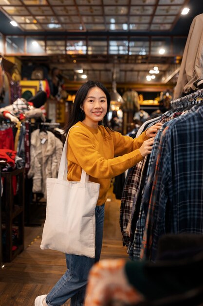 Woman looking at clothes full shot