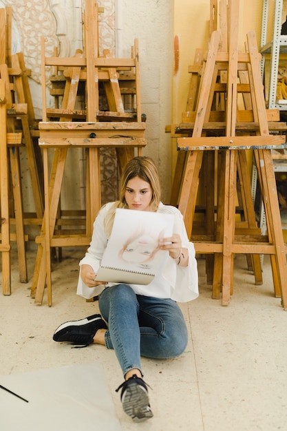 Foto gratuita donna che esamina schizzo femminile sul libro di disegno a spirale