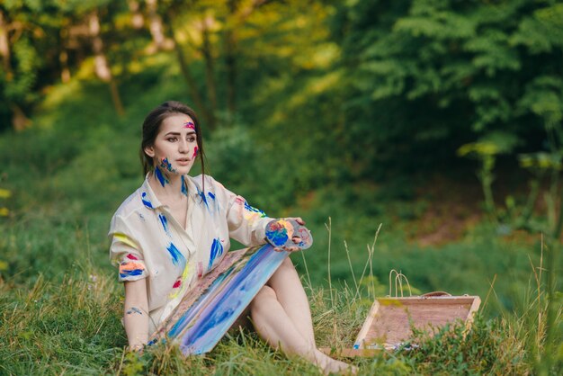 Woman looking forward with a picture on her legs