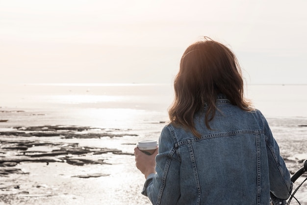 Woman looking at frozen sea 