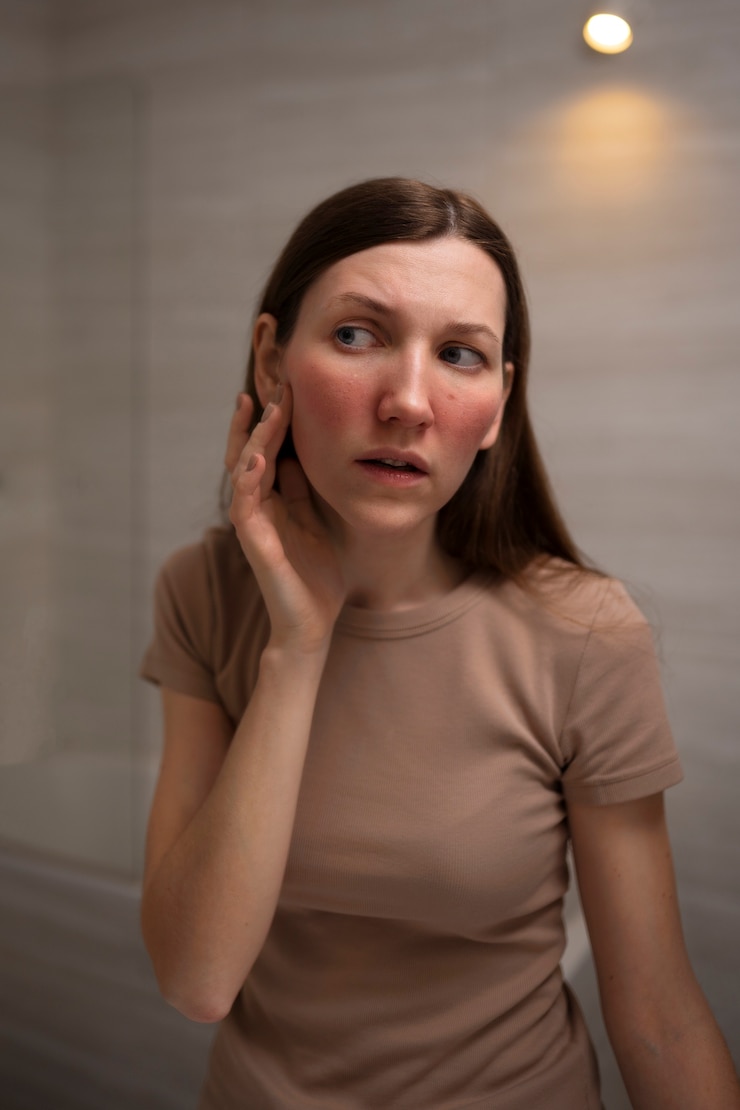 Free Photo woman looking at her rosacea in the mirror