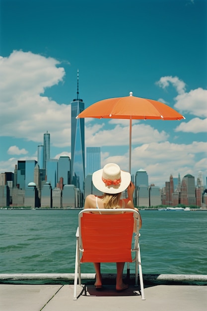 Foto gratuita donna che osserva lo skyline di new york durante il giorno