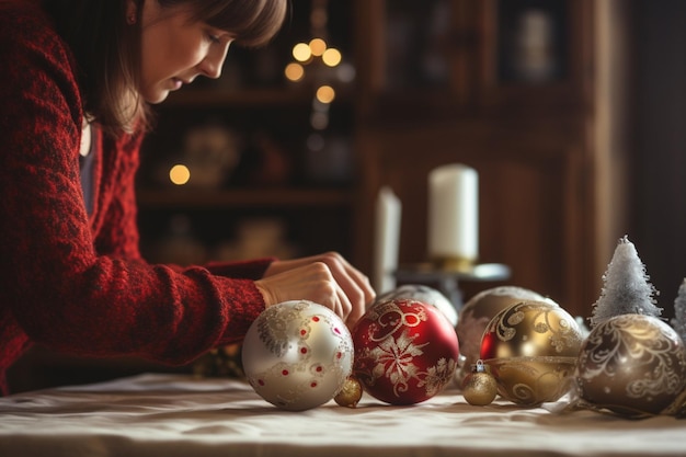 Free photo woman making christmas decorations close ups hands