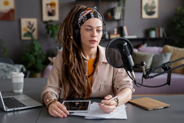 Free Photo woman making podcast medium shot