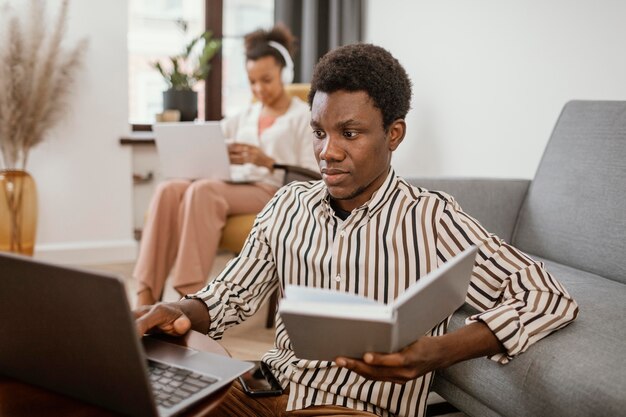 Woman and man remote working from home