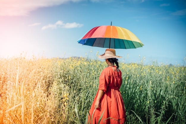 Free photo woman in a meadow with an umbrella