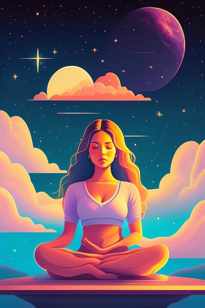 A woman meditating in the clouds with the moon behind her.