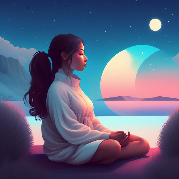 A woman meditating in front of a sunset and the moon