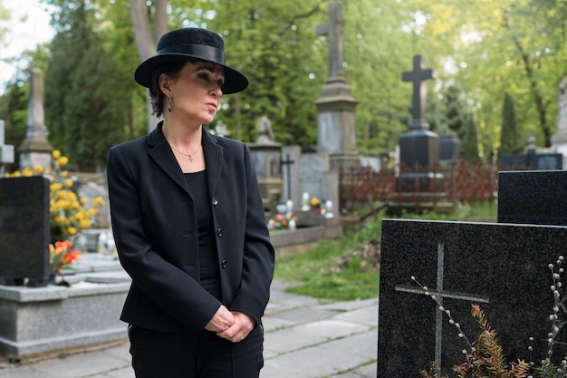 Free photo woman mourning in the cemetery next to grave