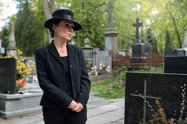 woman mourning in the cemetery next to grave