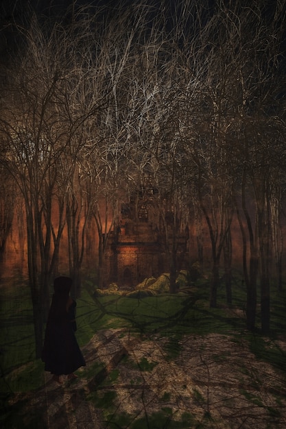 3D визуализации женской фигуры, идущего через туманный лес к замку