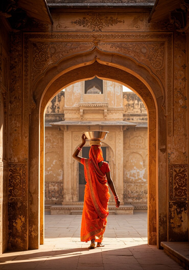 Free Photo woman in orange sari walking through ancient architecture in india