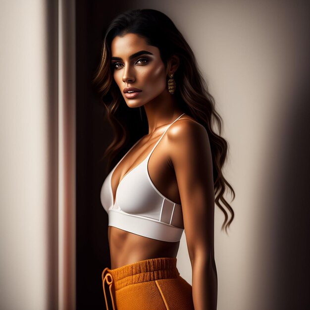 A woman in an orange swimsuit and orange pants stands in front of a wall.