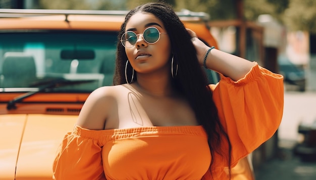 A woman in an orange top stands in front of a car with the word orange on the front.