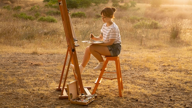 自然の中で屋外のキャンバスに絵を描く女性