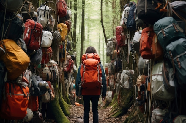 Woman passing trough piles of bags